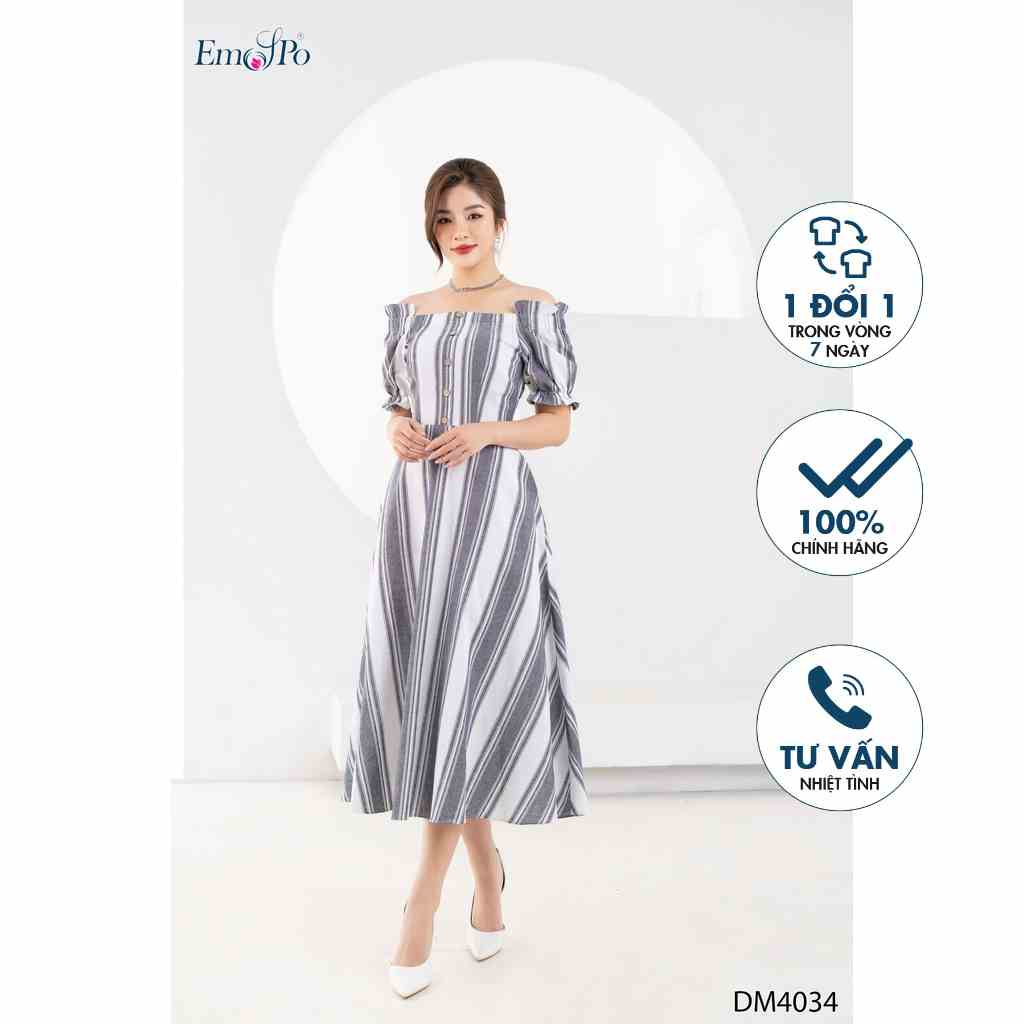 [Mã BMLTB200 giảm đến 100K đơn 499K] Đầm dáng xòe Emspo trễ vai kẻ sọc thời trang DM4034