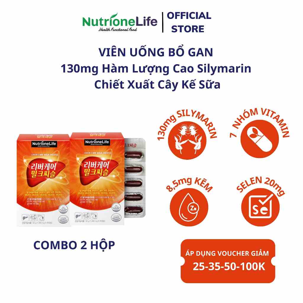 COMBO 2 Hộp Bổ Gan NUTRIONELIFE Livercare Milkthistle Mát Gan, Thải Độc, Cải Thiện Men Gan Cao Hàn Quốc 2 Hộp x 30 Viên