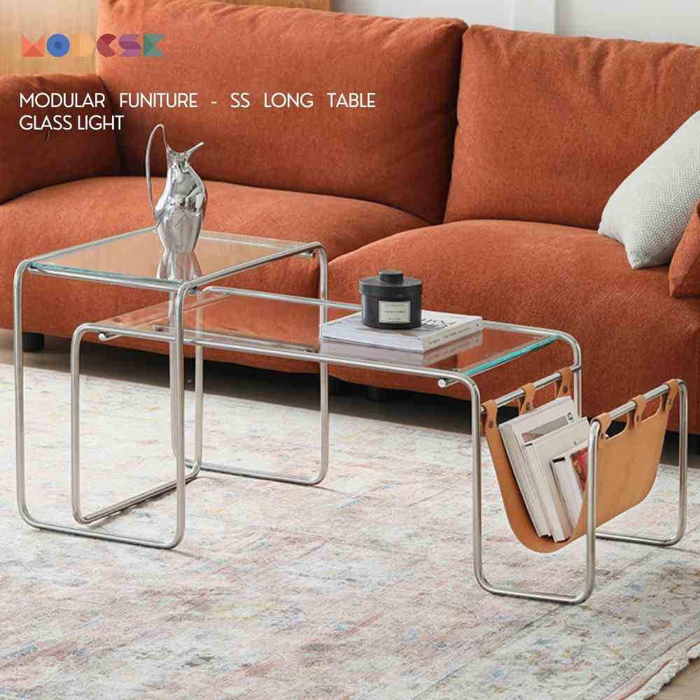 Bàn sofa - trà MODESK SS Sofa Long Table Glass Light (bộ 2 cái) inox 304 - kính cường lực  [phòng khách - quán cafe]