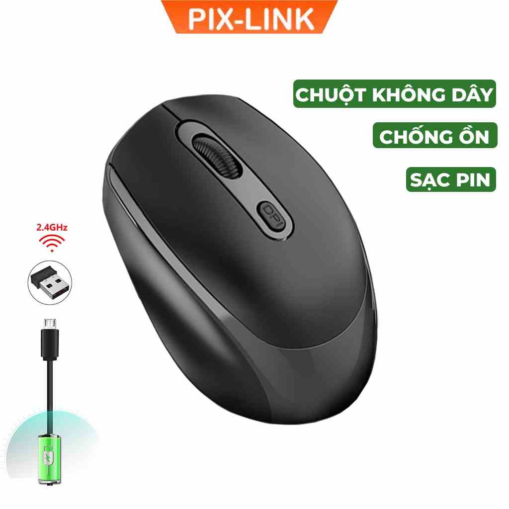 Chuột không dây PIX-LINK P100 wireless 2.4Ghz sạc pin, chống ồn, DPI1600 dùng cho máy tính, laptop, tivi-Hàng chính hãng