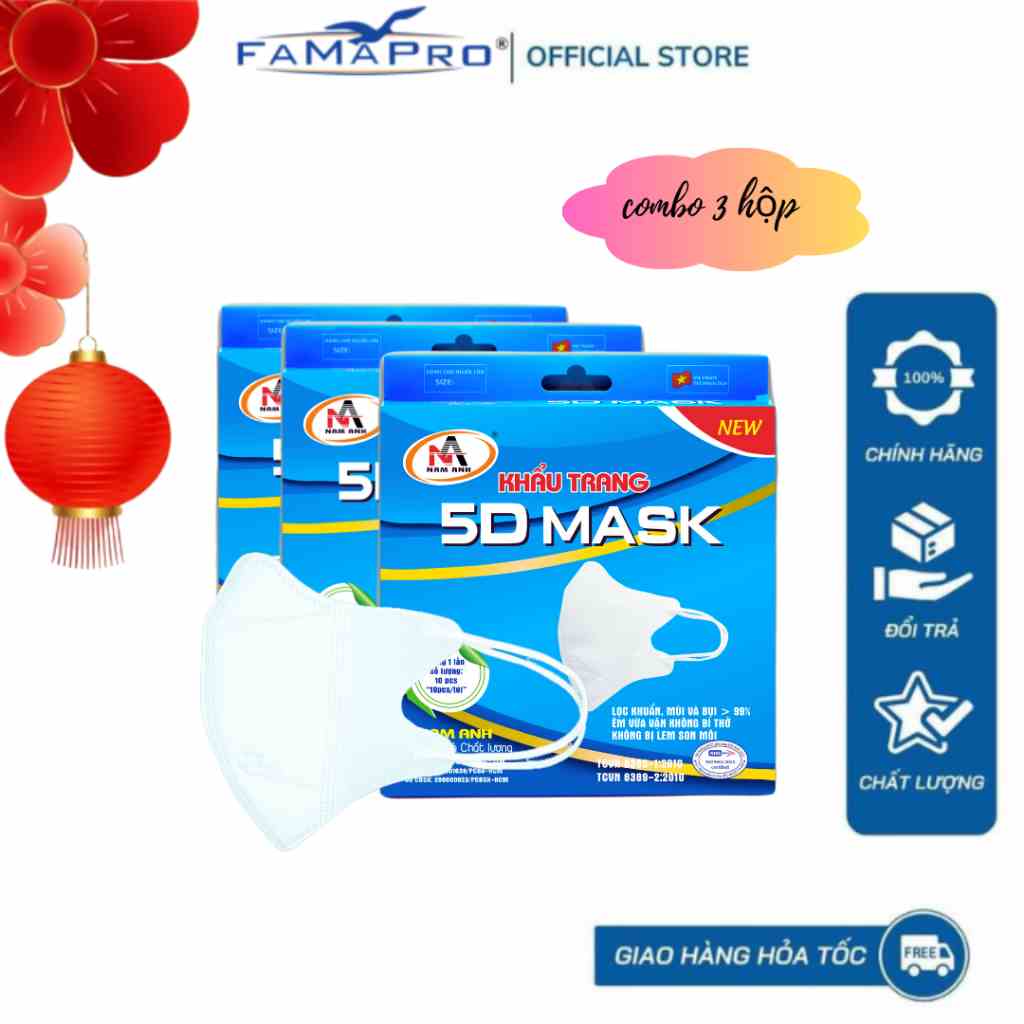 [HỘP-5D MASK-QUAI THUN] COMBO 3 HỘP Khẩu trang y tế kháng khuẩn 3 lớp Famapro 5D Mask