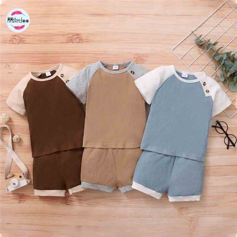 Set trang phục MIKRDOO áo thun tay ngắn và quần đùi cotton màu trơn thời trang mùa hè cho bé trai 1-6 tuổi