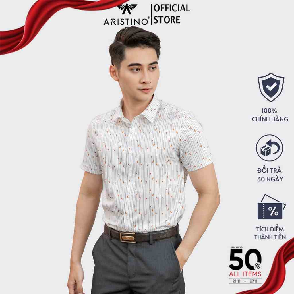 Áo sơ mi nam ngắn tay ARISTINO dáng Slim fit vừa vặn, thiết kế tà lượn, họa tiết in lá độc đáo - ASS003S1