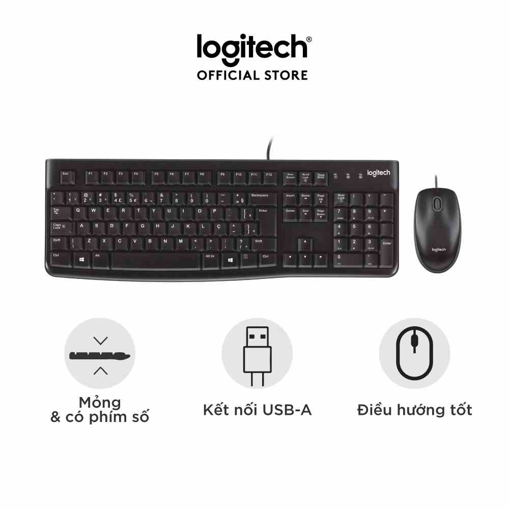 Combo chuột phím có dây Logitech MK120 - Fullsize, có phím số, bền bỉ, chống tràn