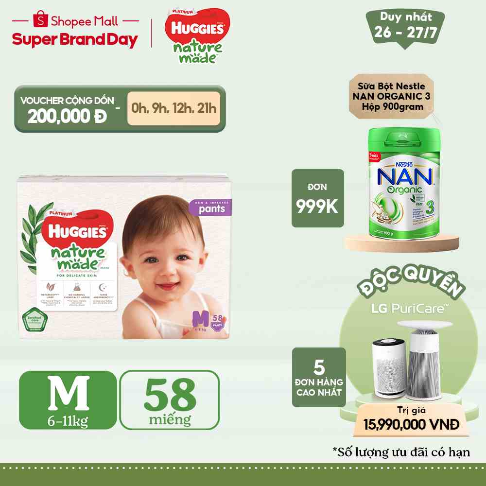 Tã Quần Huggies Platinum Nature Made M58/L44/XL38/XXL26:L44