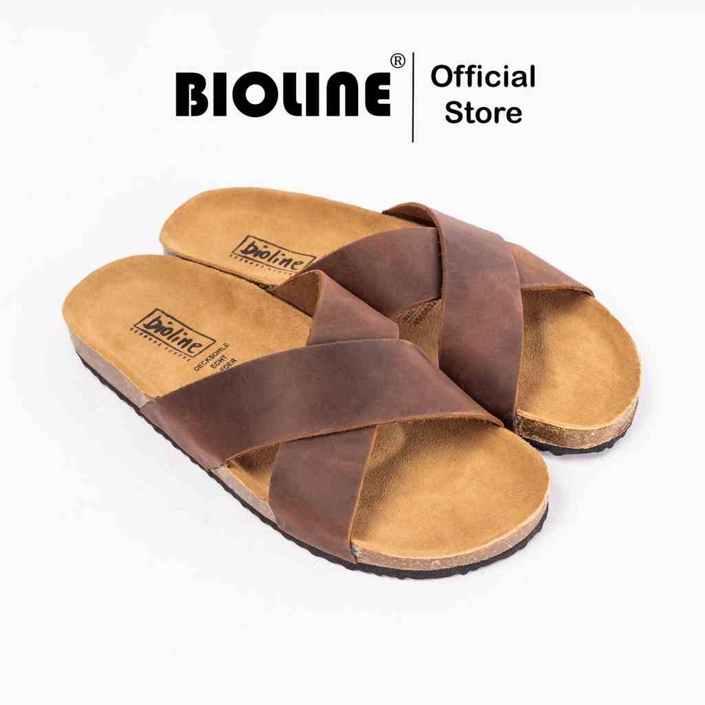 ( Mẫu Da Thật ) D03 - Dép Birken Đế Trấu BIOLINE Official Thiết Kế Unisex Quai Chữ X Da Bò Thật