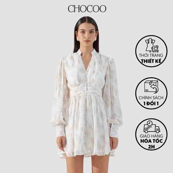 Đầm thiết kế CHOCOO Morela Dress thiết kế dài tay eo nhún tay phồng chất voan hàn cao cấp