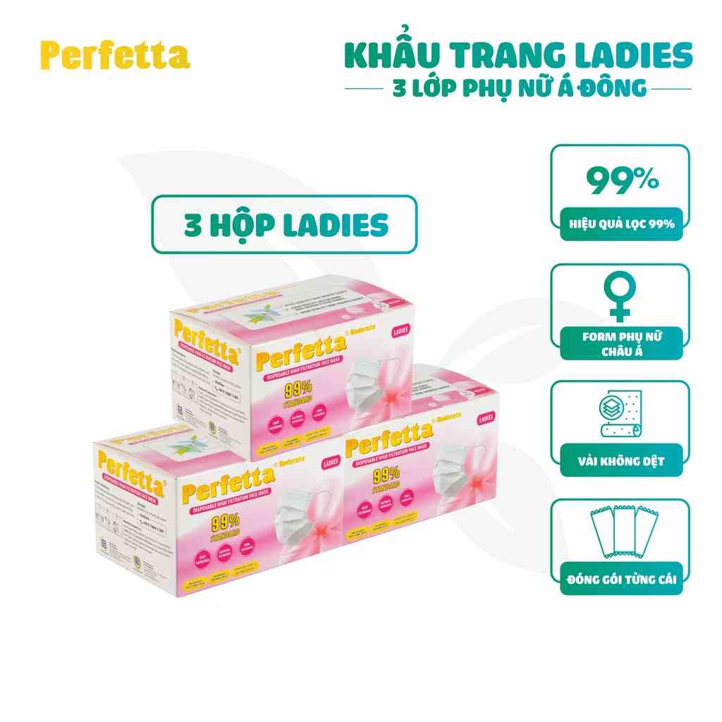 Combo 3 Hộp Khẩu Trang Y Tế Cao Cấp Perfetta Ladies 3 Lớp Cho Phụ Nữ Có Gương Mặt Nhỏ (50 cái/hộp)