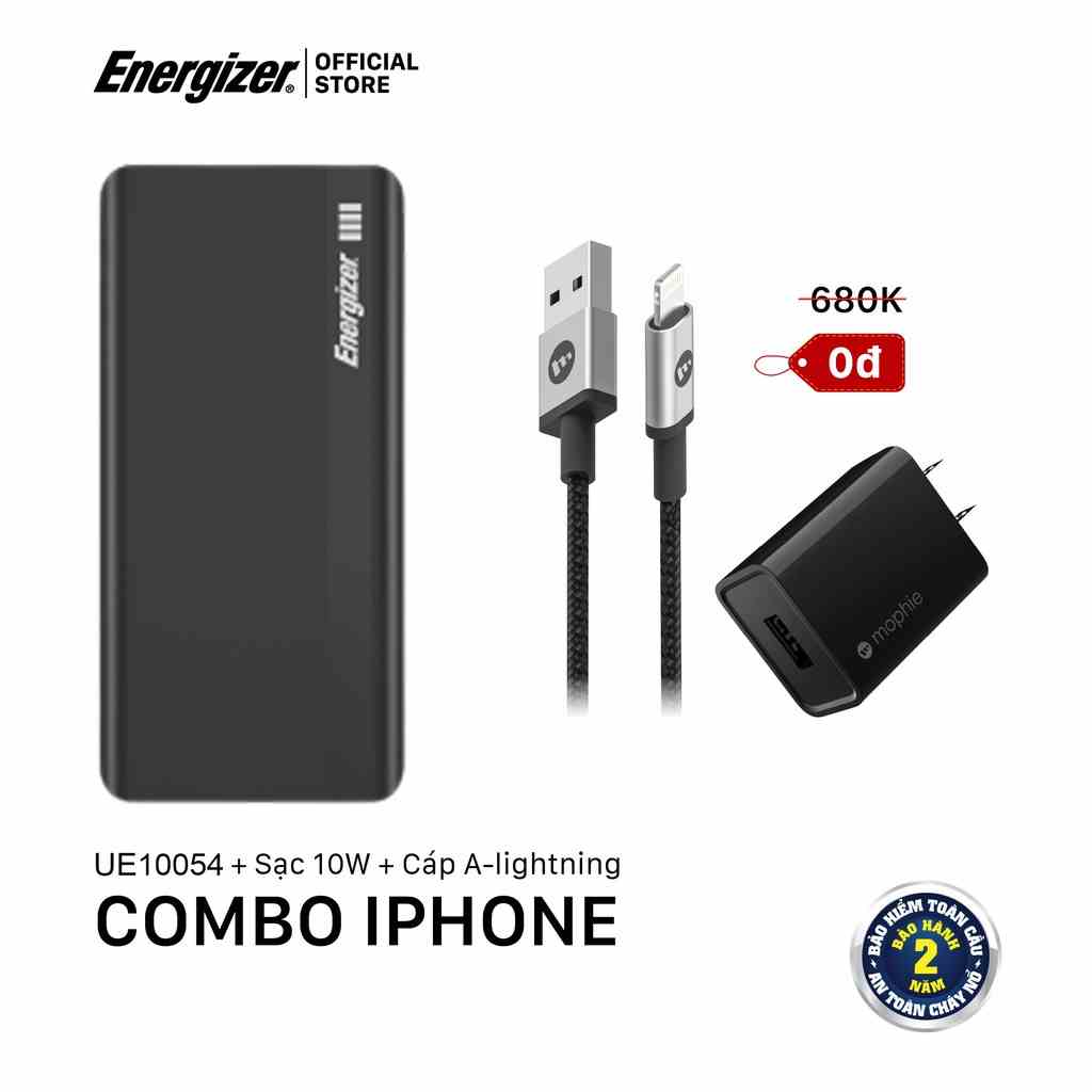 Combo pin dự phòng Energizer 10,000mAh UE10054 + sạc Mophie 10W + cáp A to Lightning 1M_ Bảo hành 2 năm 1 đổi 1