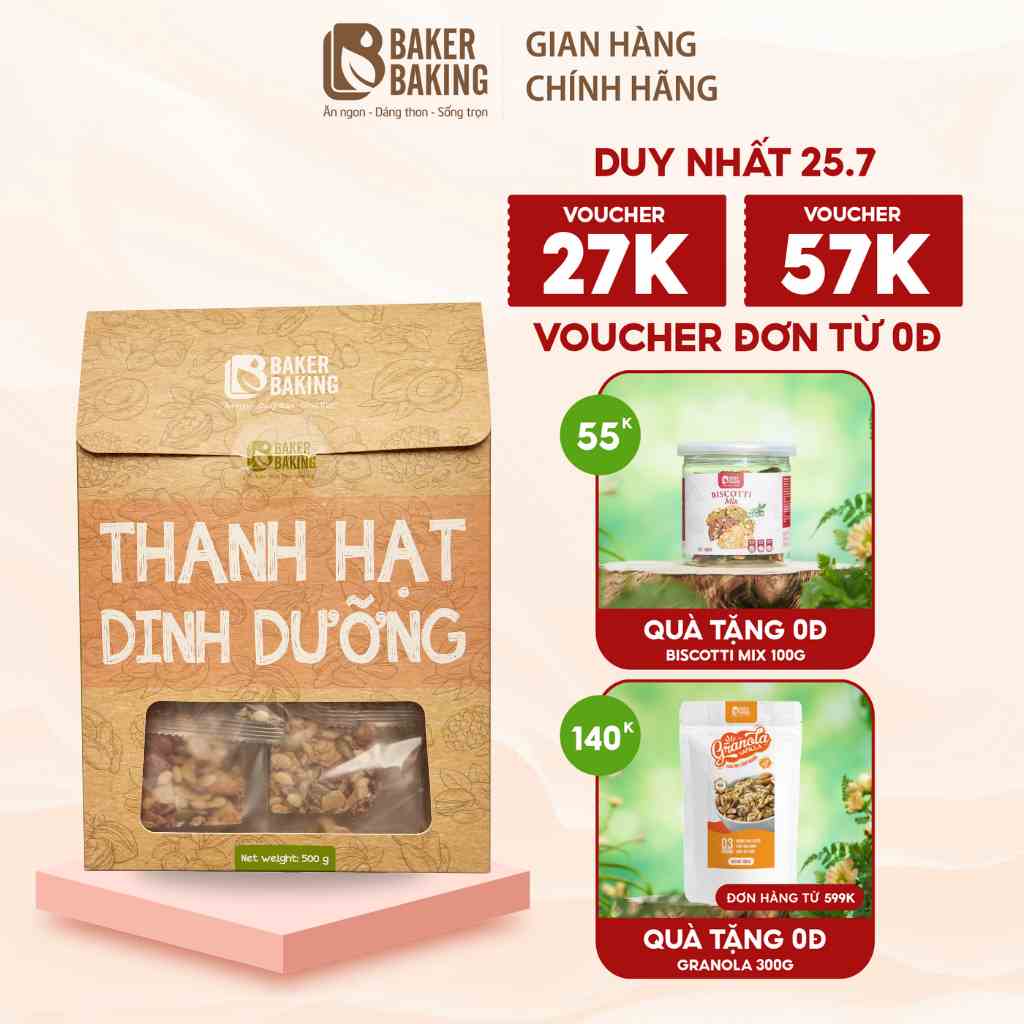 Bánh thanh hạt dinh dưỡng Baker Baking, bar energy hỗ trợ tập luyện, tăng cơ 100-500g