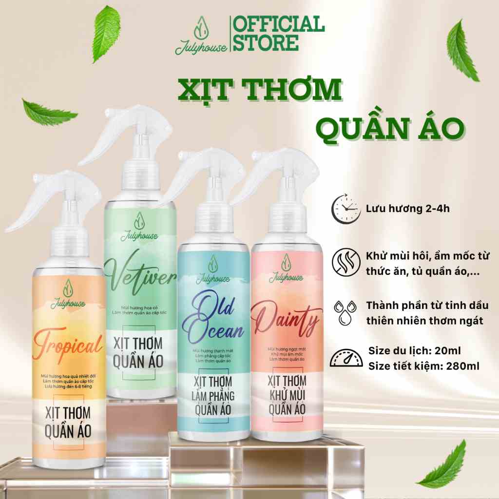 Xịt thơm quần áo JULYHOUSE 20ml/280ml chiết xuất tinh dầu thiên nhiên thơm mát