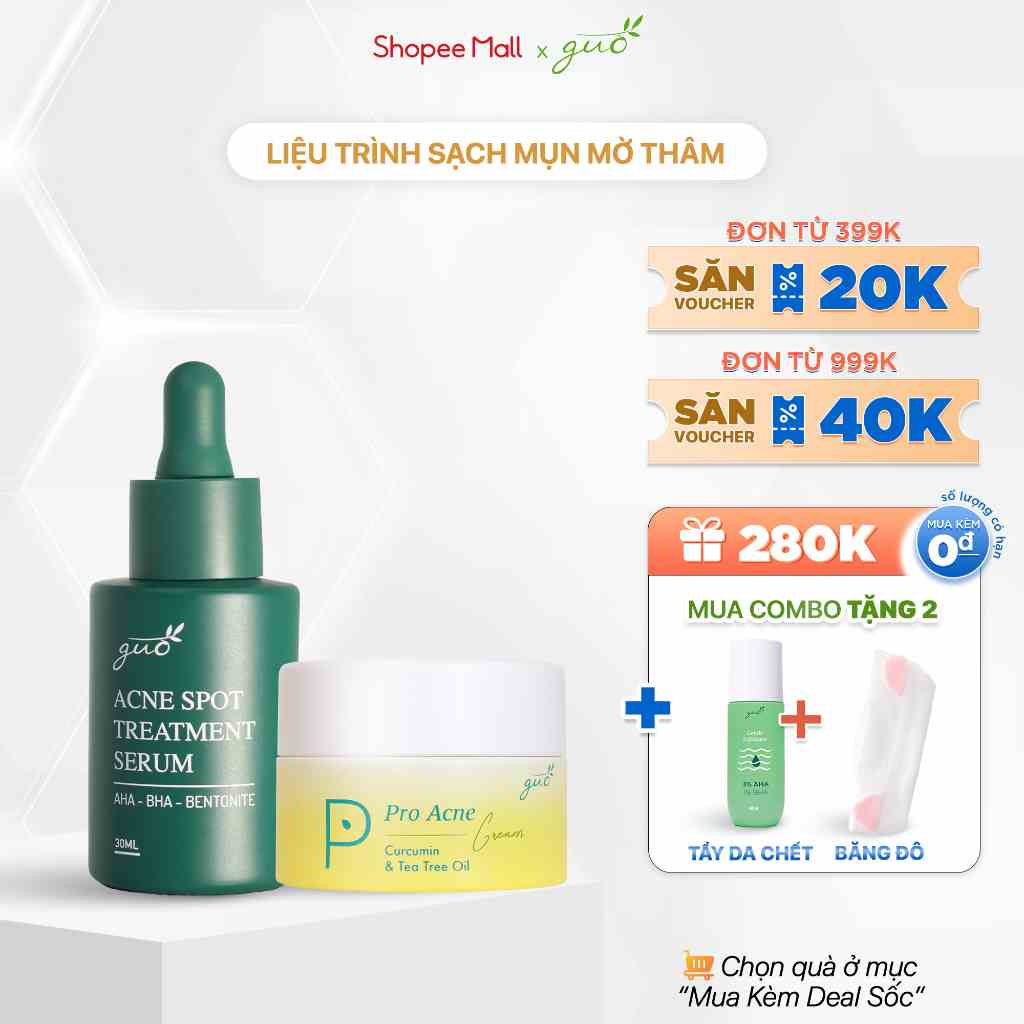 Bộ đôi Sạch Mụn Mờ Thâm kem mụn và serum chấm mụn GUO