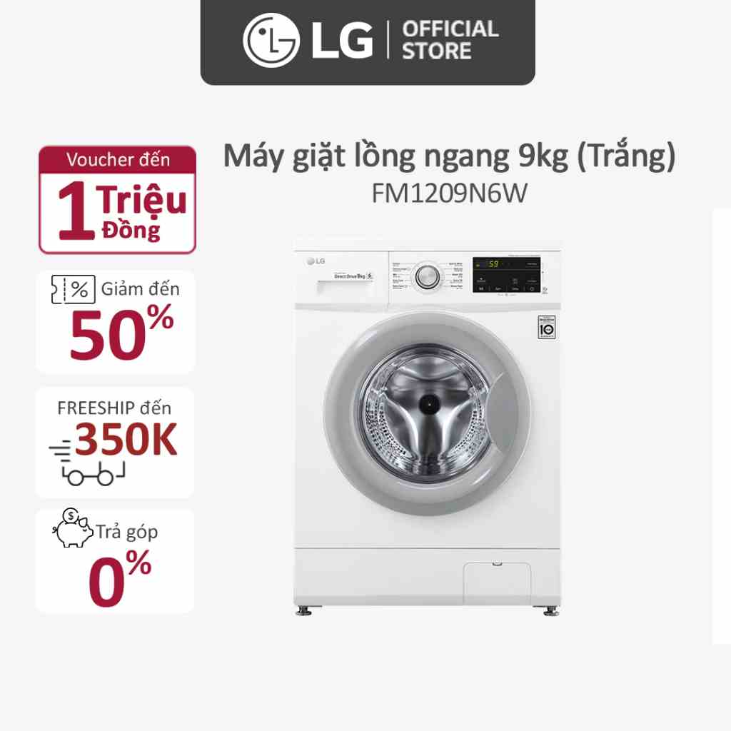 [Mã ELBAU5 giảm 5% đơn 300K] Máy giặt lồng ngang LG Inverter 9kg (Trắng)-FM1209N6W - Miễn phí lắp đặt