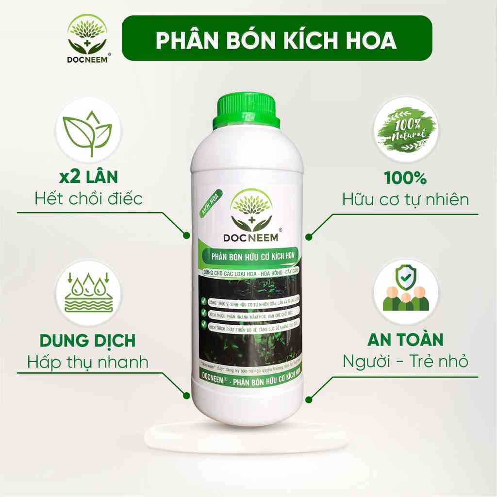 Phân bón hữu cơ kích hoa cho hoa hồng, hoa lan, cây cảnh làm vườn, dung tích 1 lít, chính hãng DOCNEEM