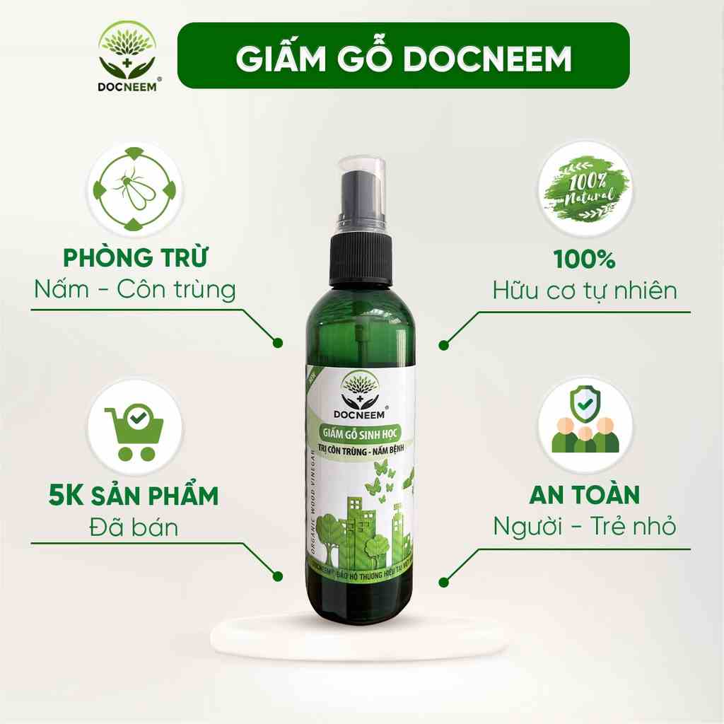 Giấm gỗ sinh học DOCNEEM phòng ngừa xua đuổi côn trùng, diệt nấm lá cho cây cảnh, rau củ quả, hoa hồng , phong lan 100ml