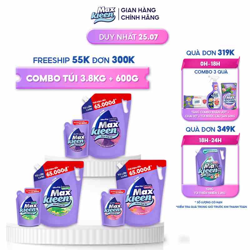 Combo Túi Nước Giặt Xả 3.8kg + Túi Nước Giặt Xả 600g Maxkleen (Ngẫu nhiên)