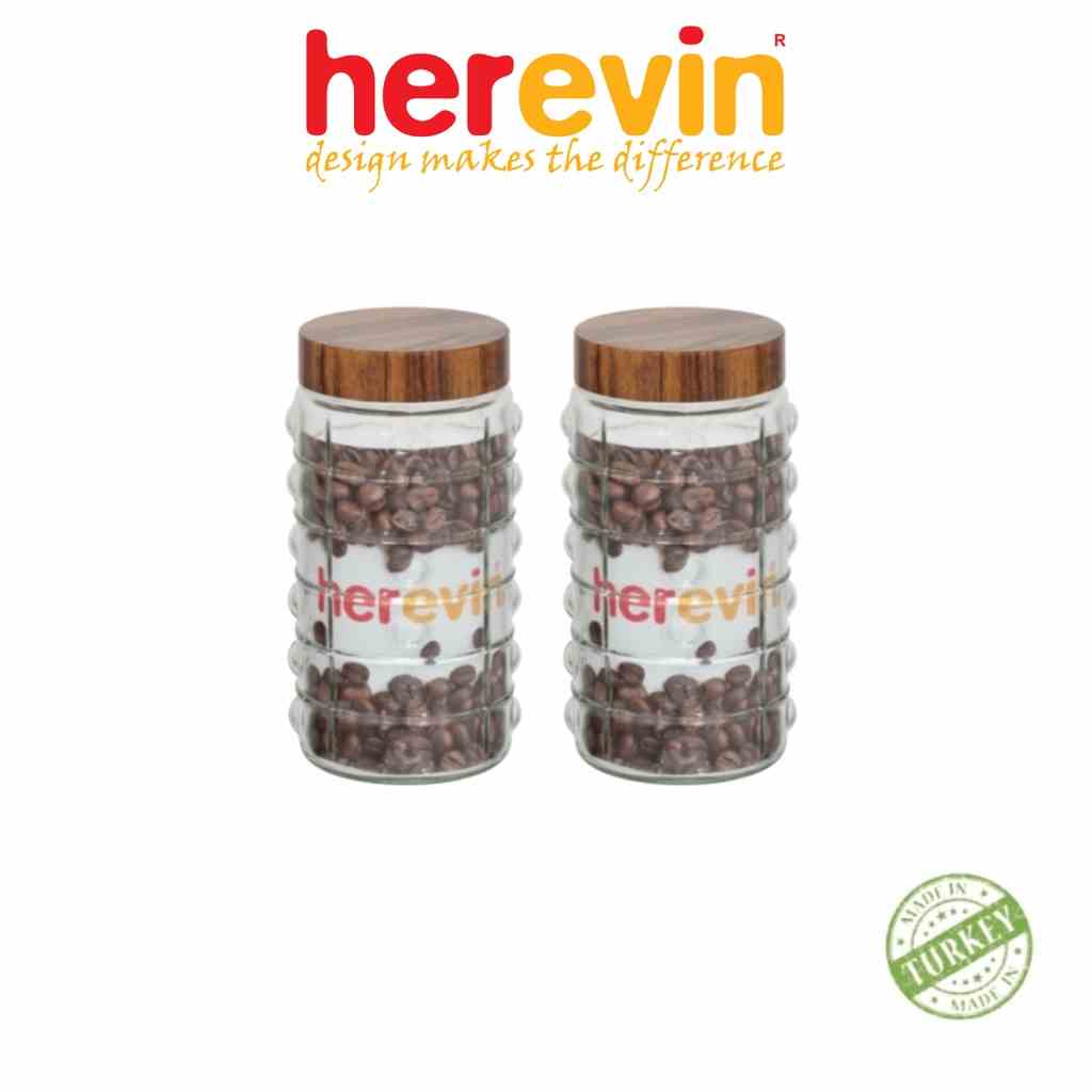 [Mã BMLTA35 giảm đến 35K đơn 99K] Bộ 2 Hũ Thuỷ Tinh Herevin Tròn Sọc Nắp woody 1.5L - HEHU231902-205