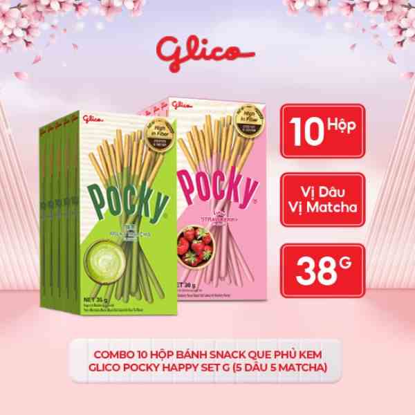 [Mã BMLTB35 giảm đến 35K đơn 99K] Combo 10 hộp Bánh snack que phủ kem Glico Pocky Happy Set G (5 dâu 5 matcha)