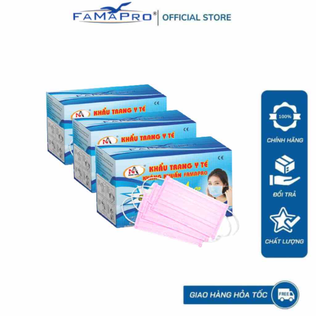 [COMBO 3 hộp] Khẩu trang y tế 4 lớp kháng khuẩn Famapro Cô Gái hộp 50 cái