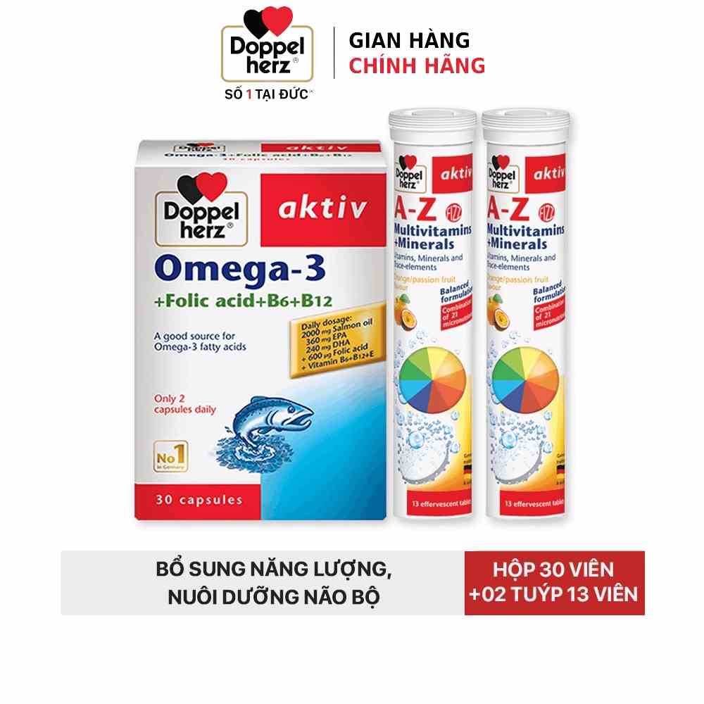 Combo bổ sung vitamin, khoáng chất, bổ não và tim mạch Doppelherz Omega 3 (30 viên) + 02 tuýp sủi A Z Fizz (13 viên)