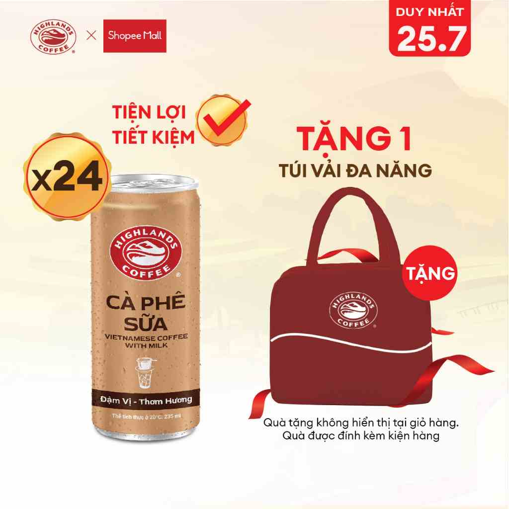 MUA 1 TẶNG 1 - Mua Thùng 24 Lon Cà Phê Sữa Đá Highlands Coffee 235ml/lon Tặng 1 túi vải