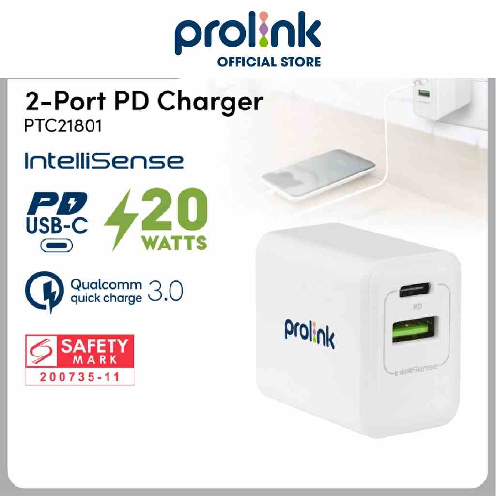 Củ sạc nhanh 20W PROLiNK PTC21801 có 2 cổng USB-A & USB-C dành cho iPhone, iPad, Samsung, Xiaomi