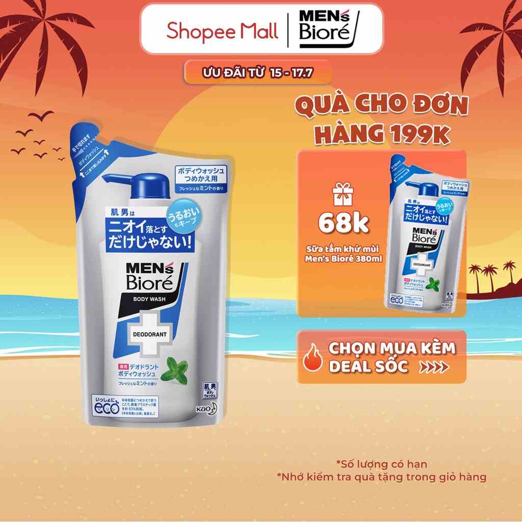 Sữa Tắm Khử Mùi Mens Bioré - Bạc Hà Mát Lạnh (Túi) 380ml