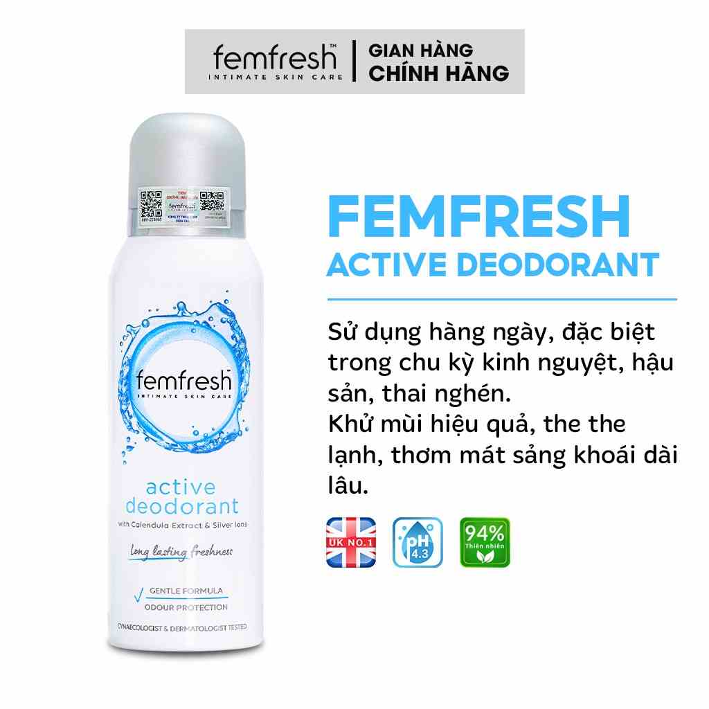 Xịt Thơm Mát, Khử Mùi Vùng Kín Chưa Ion Bạc Lưu Hương Suốt 12h Femfresh Deodorant Active 125ml