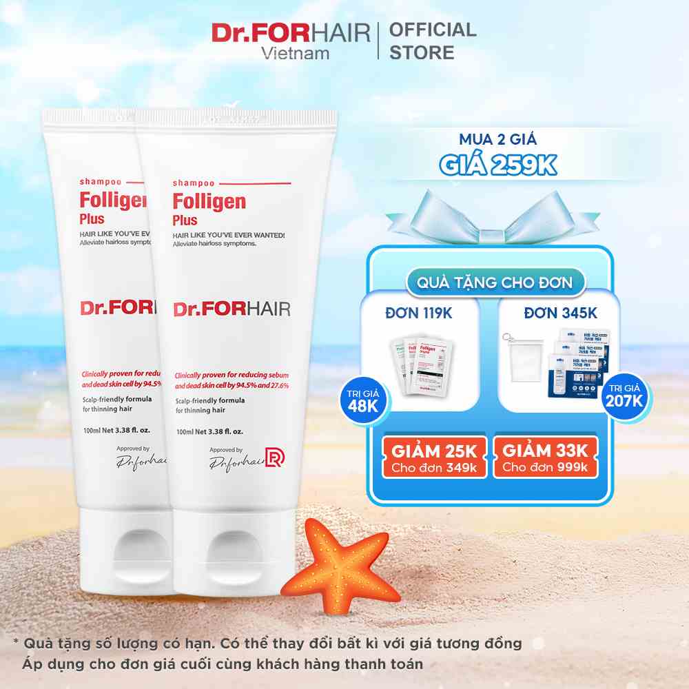 Bộ 2 tuýp dầu gội giảm rụng tóc Dr.FORHAIR Folligen Plus Shampoo 100ml