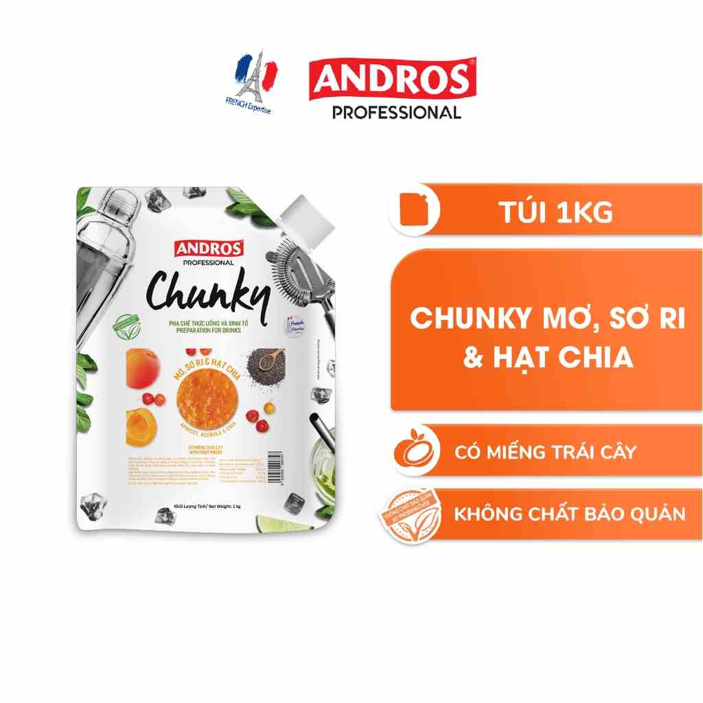 Mứt Trái Cây Pha Chế Mơ, Sori & Hạt Chia  - Có miếng trái cây thật - ANDROS CHUNKY - 1kg