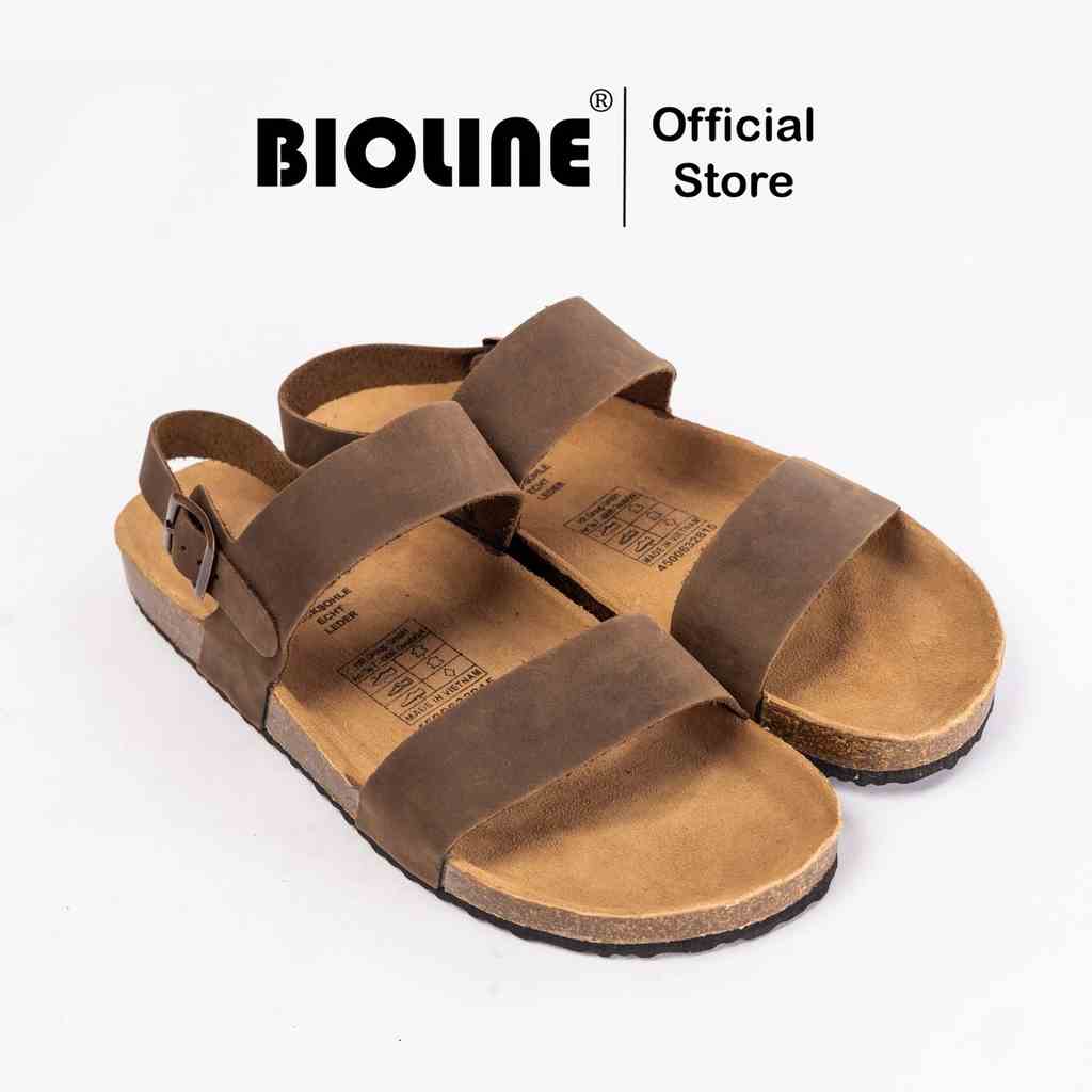 ( Mẫu Da Thật ) D15 - Sandal Birken Đế Trấu BIOLINE Official Thiết Kế Unisex Hai Quai Ngang Da Bò