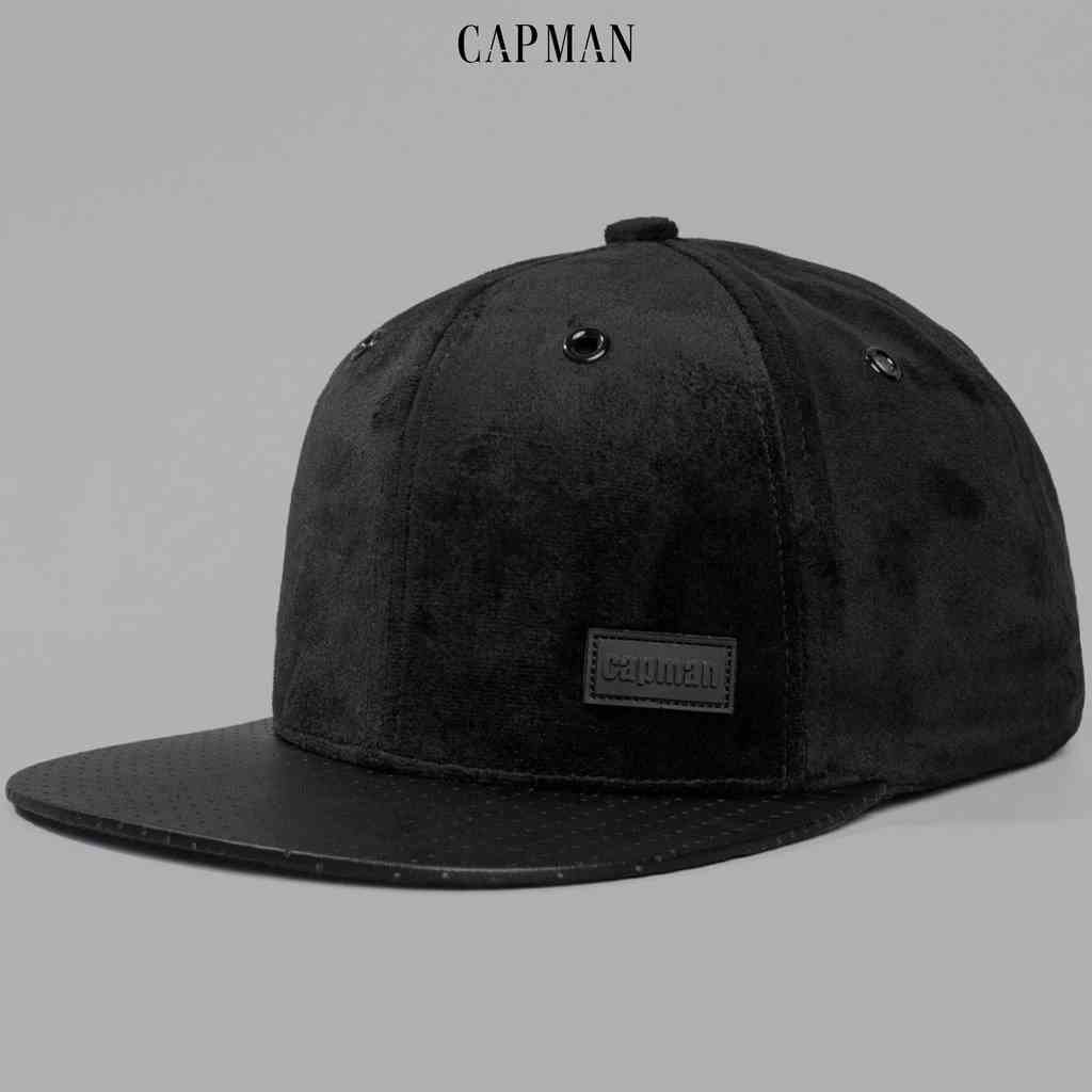 Mũ snapback màu đen trơn CAPMAN phong cách hiphop vải da lộn CM148