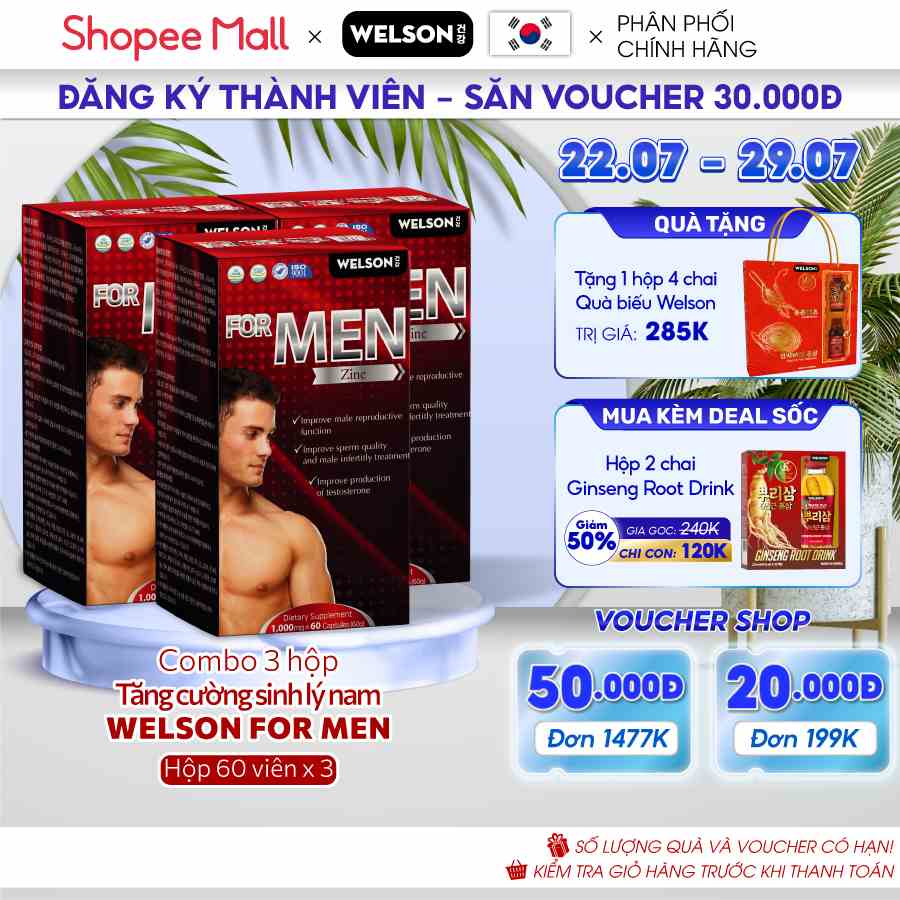 Combo 3 hộp tăng cường sinh lý nam bổ thận tráng dương Welson For Men 3 x 60 viên