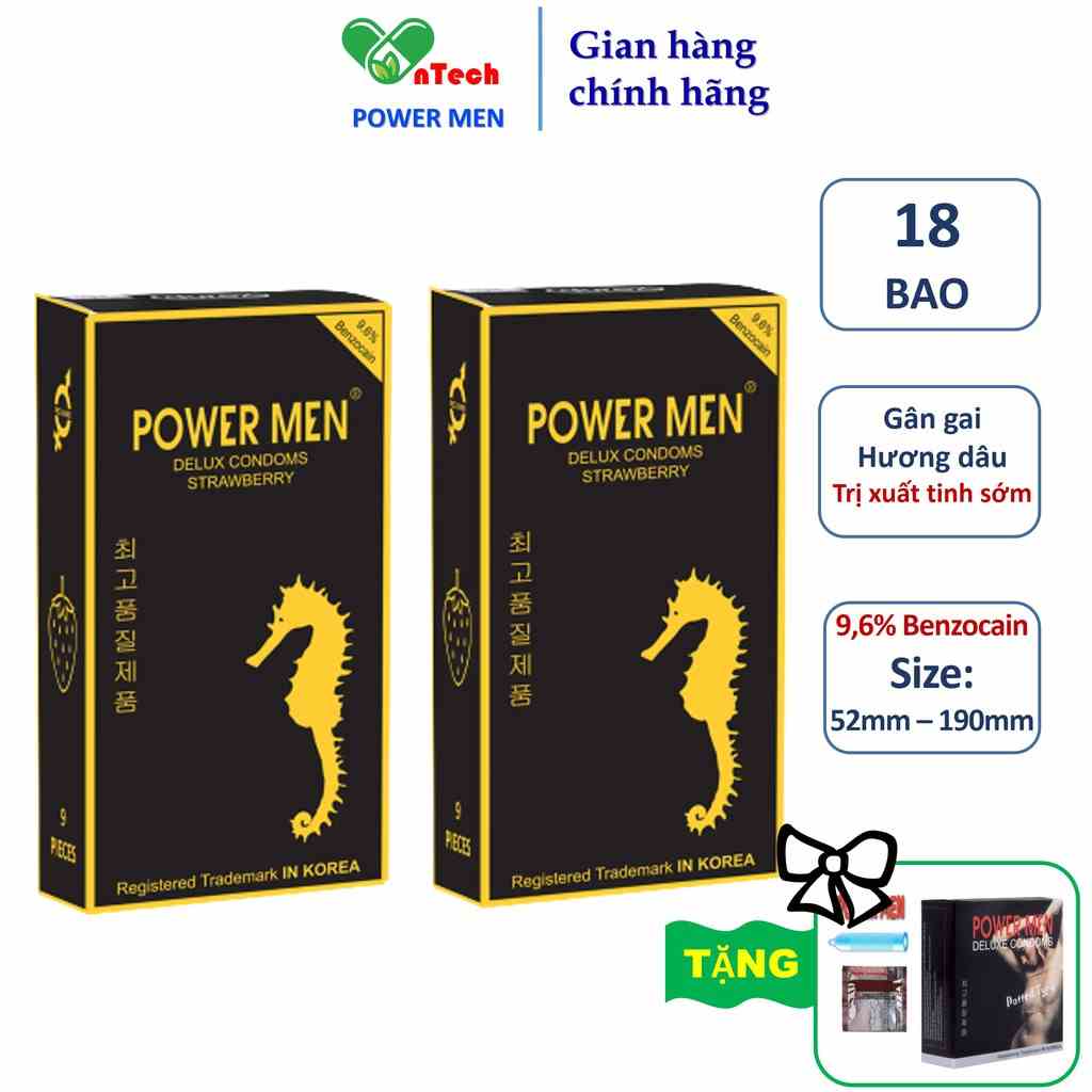 Combo 18 Bao cao su gân gai hương dâu POWERMEN STRAWBERRY nhiều gel bôi trơn chứa 9,6% Benzocain chống xuất tinh sớm