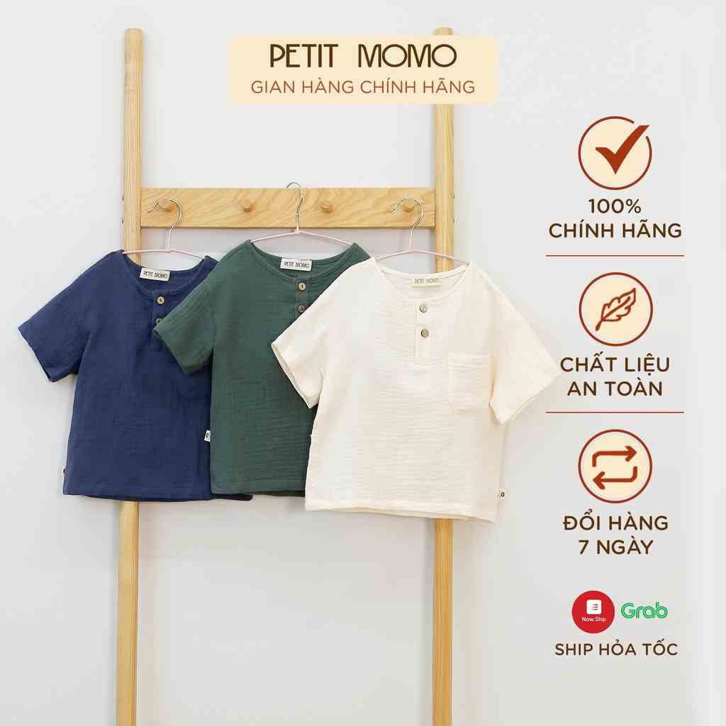 Áo Cộc Tay Bé Trai (1-6 Tuổi) PETIT MOMO Dáng Cổ Tròn, Thiết Kế Túi Ngực Xinh Xắn, Vải Xô Muslin Cao Cấp H142