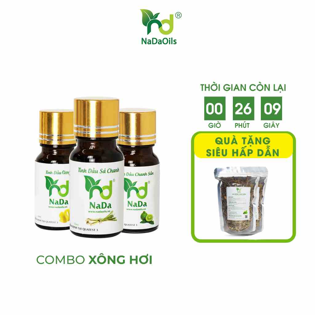 Combo 3 Tinh dầu xông hơi NADA nguyên chất: Sả chanh, Gừng, Chanh sần chiết xuất thiên nhiên, chứng nhận Quatest3