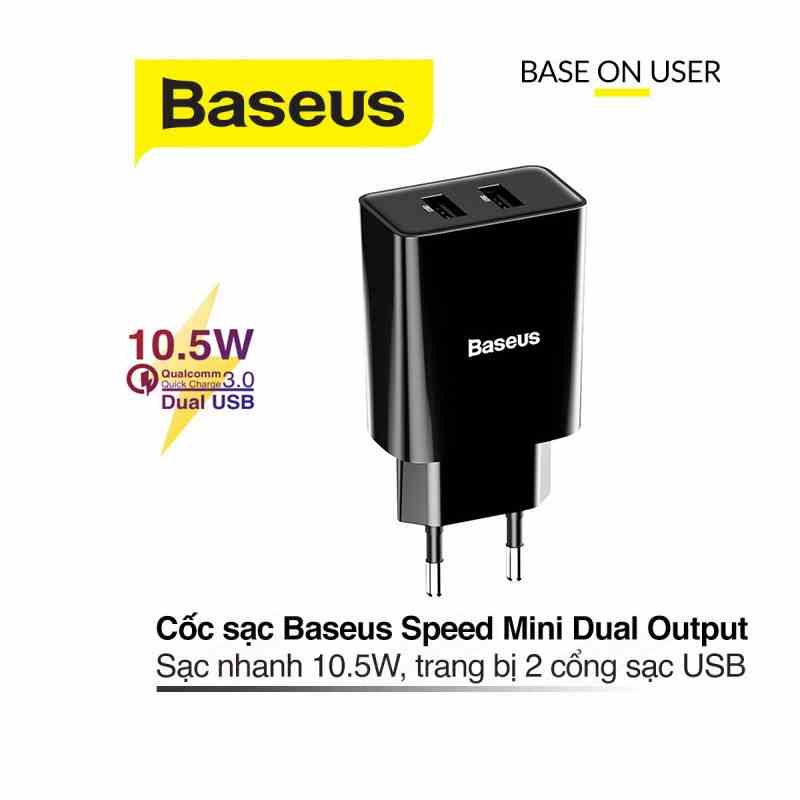 Củ sạc nhanh 2.1A /10.5W Baseus Speed Mini 2 cổng Usb chân cắm tròn tiêu chuẩn dành cho mọi thiết bị