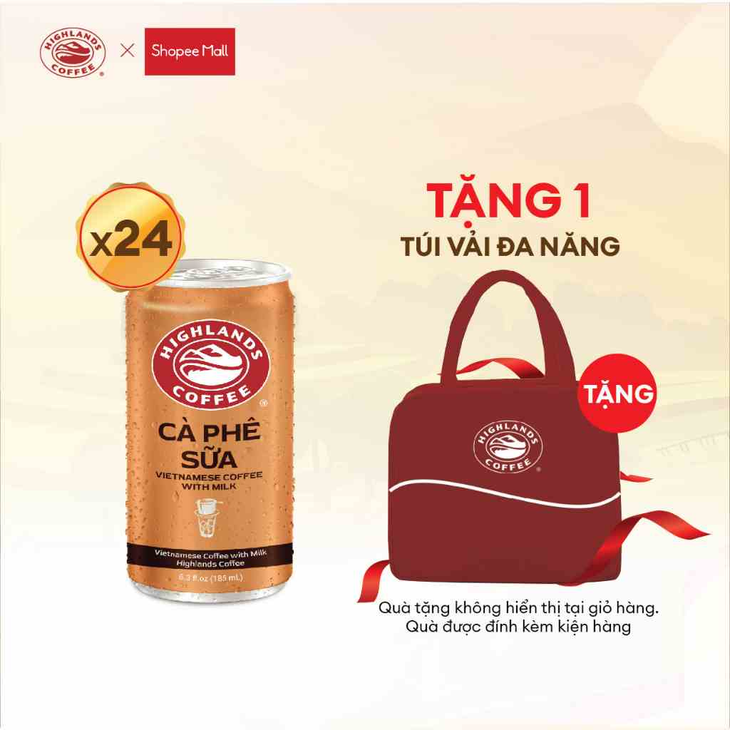 MUA 1 TẶNG 1- Mua Thùng 24 Lon Cà Phê Sữa Đá Highlands Coffee 185ml/lon Tặng 1 túi vải