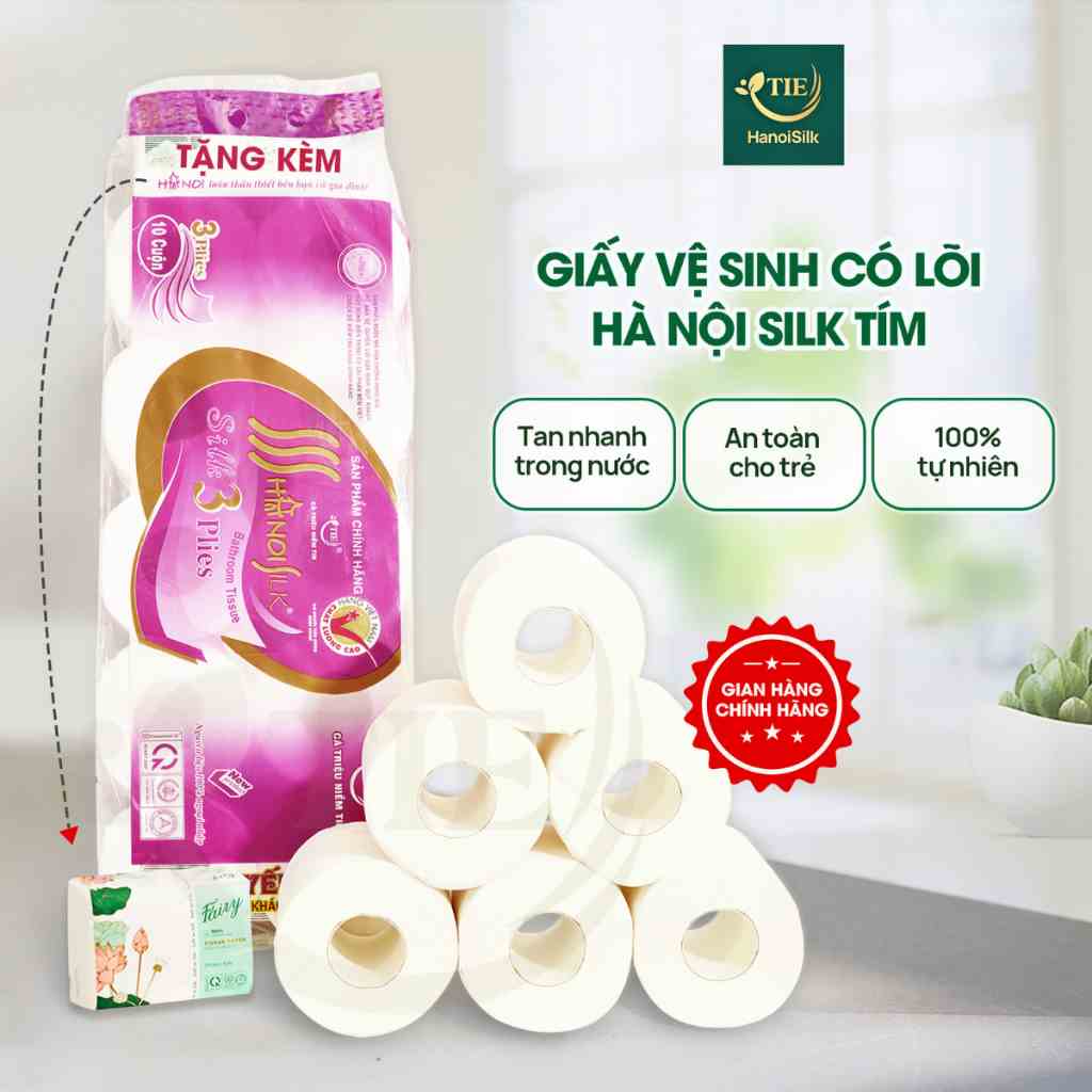 Giấy Vệ Sinh Hà Nội Silk 3 Lớp 1.7kg Tím Có Lõi Mềm Mịn Tan Nhanh Trong Nước, Tặng Kèm Giấy Rút 270 Tờ