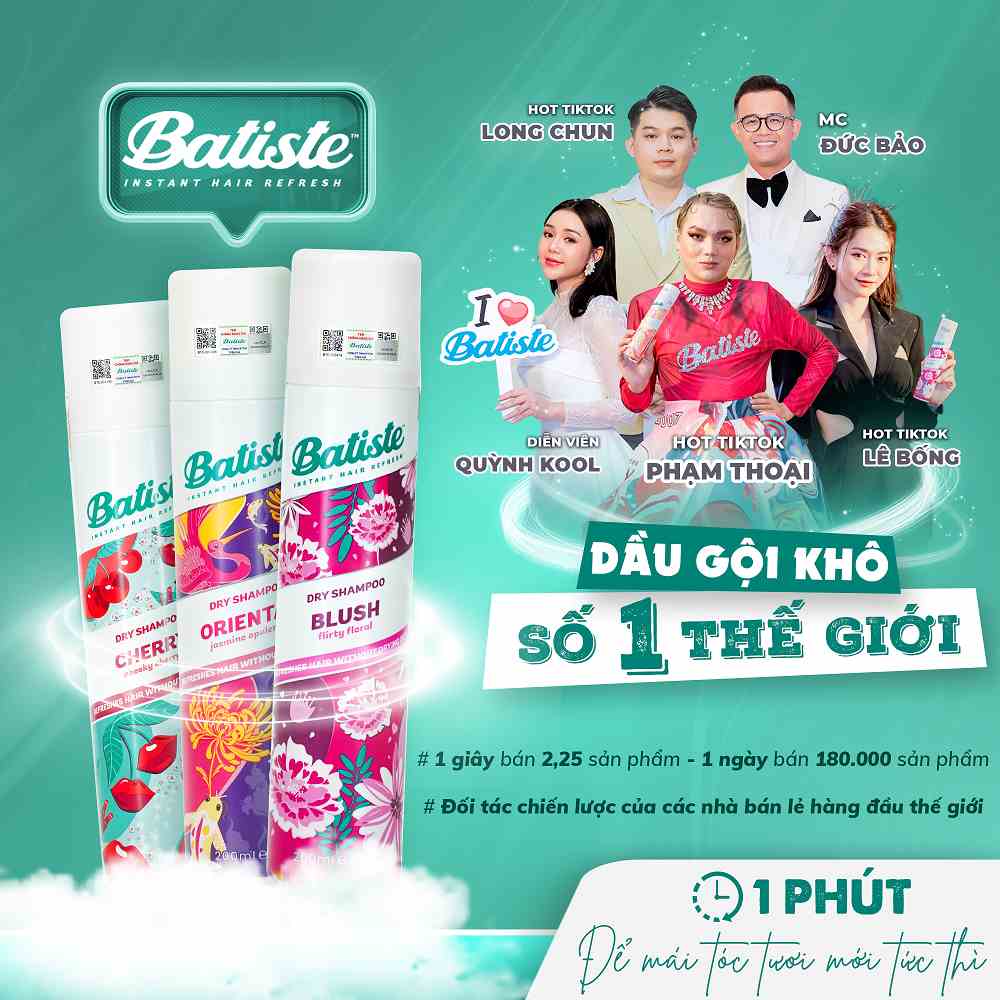 Dầu Gội Khô Batiste Dry Shampoo 200ml Hết Ngứa, Hết Bết Dính Tóc Bồng Bềnh Tức Thì