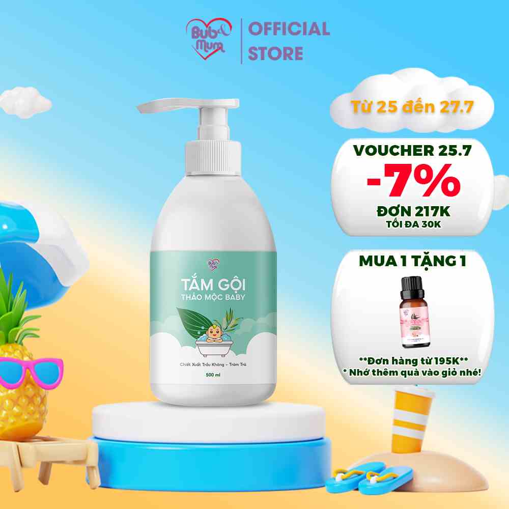 Sữa Tắm Gội Cho Bé Sơ Sinh BuB&MuM 500ML Chiết Xuất Thảo Dược Thiên Nhiên Trầu Không - Tràm Trà