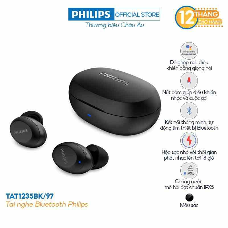 [Mã ELBAU5 giảm 5% đơn 300K] Tai nghe Philips Bluetooth Có Bass TAT1235BK/00 - Màu đen - Hàng Chính Hãng