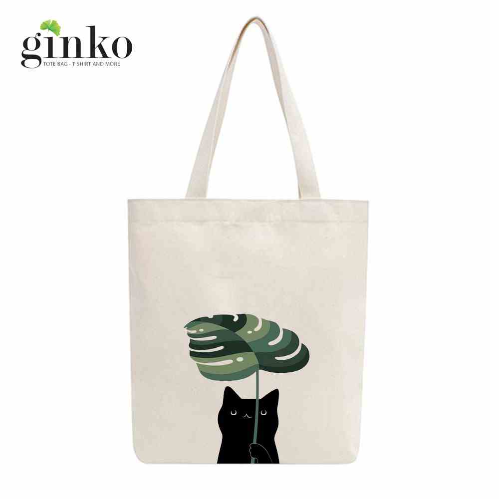 [Mã BMLTA35 giảm đến 35K đơn 99K] Túi Tote Vải Mộc GINKO Dây Kéo In Hình Cat With Leaf M09