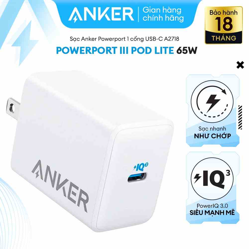 Sạc Anker 1 cổng PowerPort III Pod Lite 65w - A2718