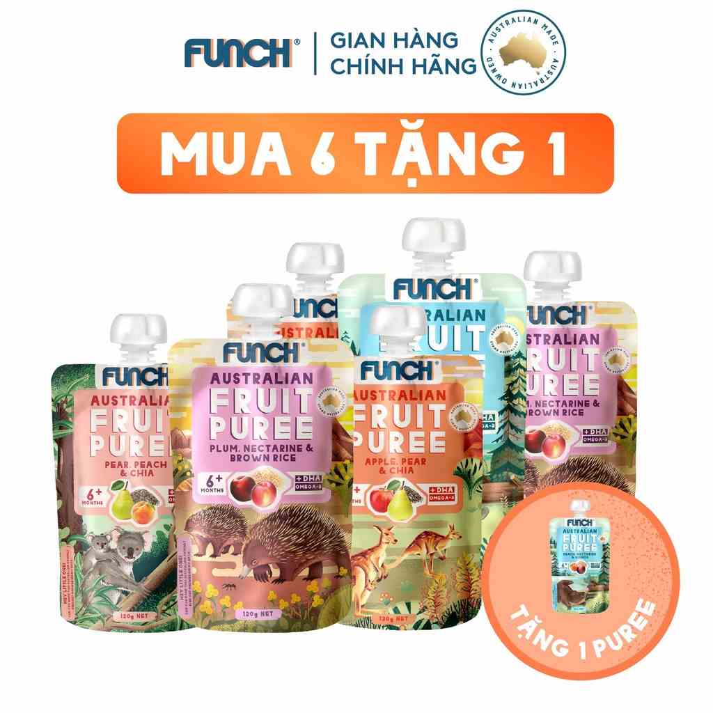 Combo 6 Túi Trái Cây Nghiền FUNCH Cho Bé Ăn Dặm Từ 4 Tháng, Tặng 1 Túi 120g Date T9/2023