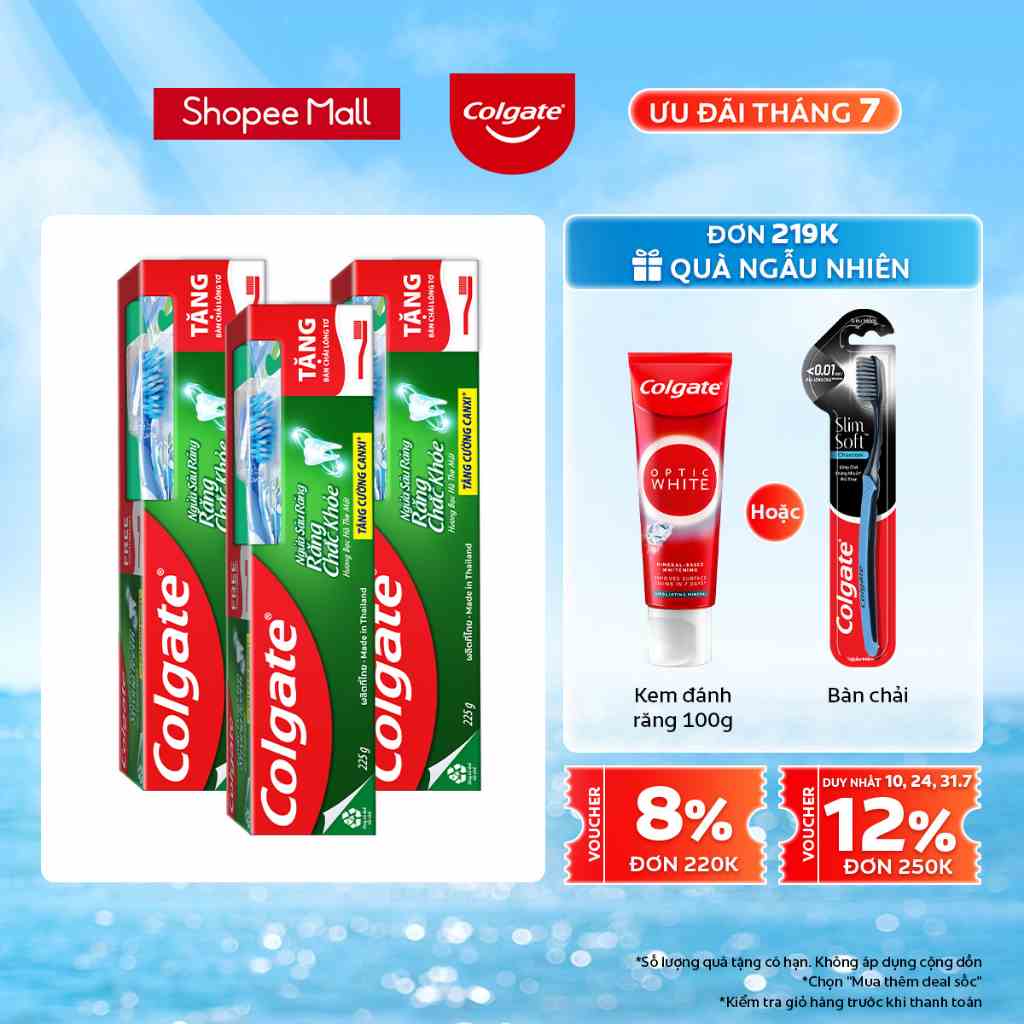 Bộ 3 Kem đánh răng Colgate ngừa sâu răng 225g tặng bàn chải đánh răng