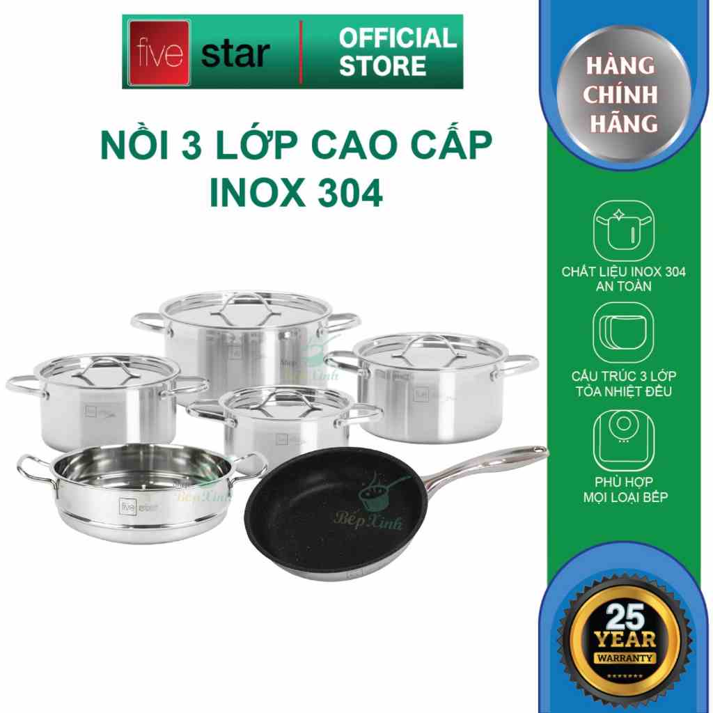 Bộ nồi xửng cao cấp inox 304 FiveStar Plus 5 món , dùng được mọi bếp