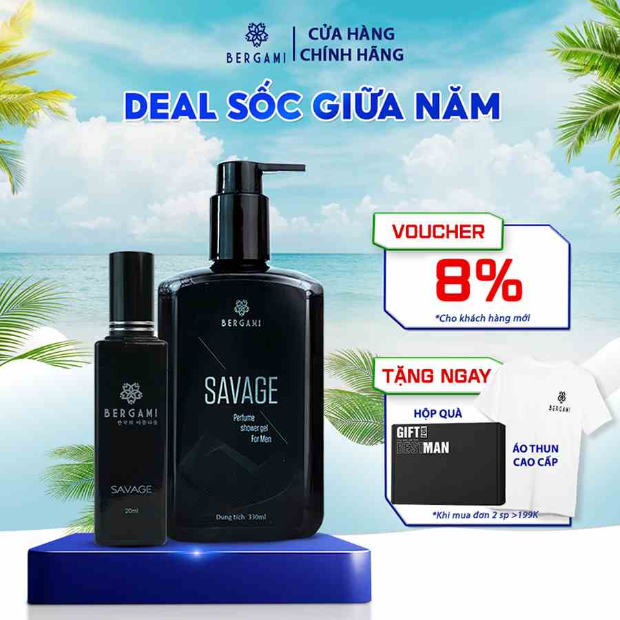 Quà Tặng Nam, Sữa Tắm Nước Hoa Nam Bergami Savage 330ml & Nước Hoa Nam 35ml, Mùi Hương Nam Tính Mạnh Mẽ, Lưu Hương 6H