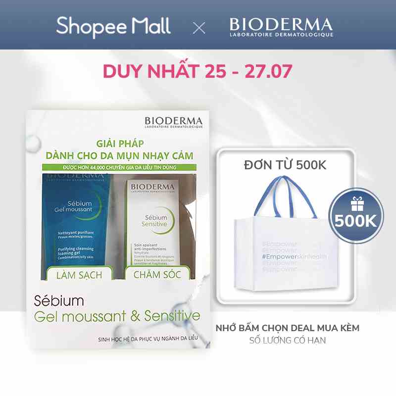 Bộ đôi gel rửa mặt tao bọt cho da mụn Bioderma Sebium 200ml và kem dưỡng giảm mụn Bioderma Sebium 30ml