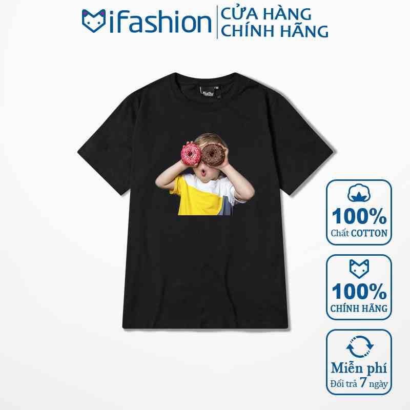 Áo thun tay lỡ IFASHION 100% cotton dáng unisex form rộng in hình em bé cầm bánh donut MA002